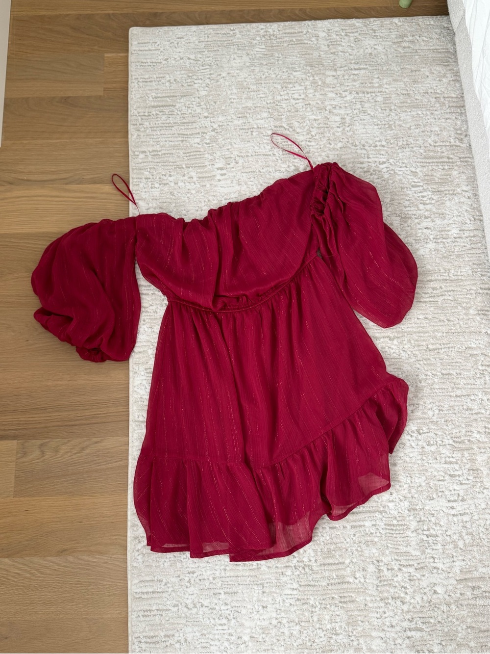 Off-Shoulder Burgundy Peasant dress with Puff Sleeves